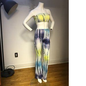 Tie Dye Rainbow yellow blue purple black Bandeau Bikini top pants suit set